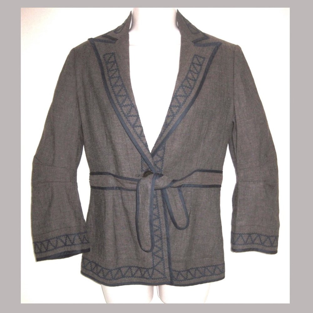 NWT BCBG MaxAzria blazer XS Brown Linen Cotton Navy trim Cotton lining Jacket